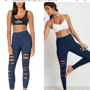 ALO Yoga Midnight Blue Cutout Leggings Navy High waist Ripped Warrior 7/8
